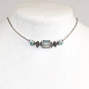 Boho Beaded Choker with Lampwork Blue/Clear Glass Cube, Japanese Floral Painting